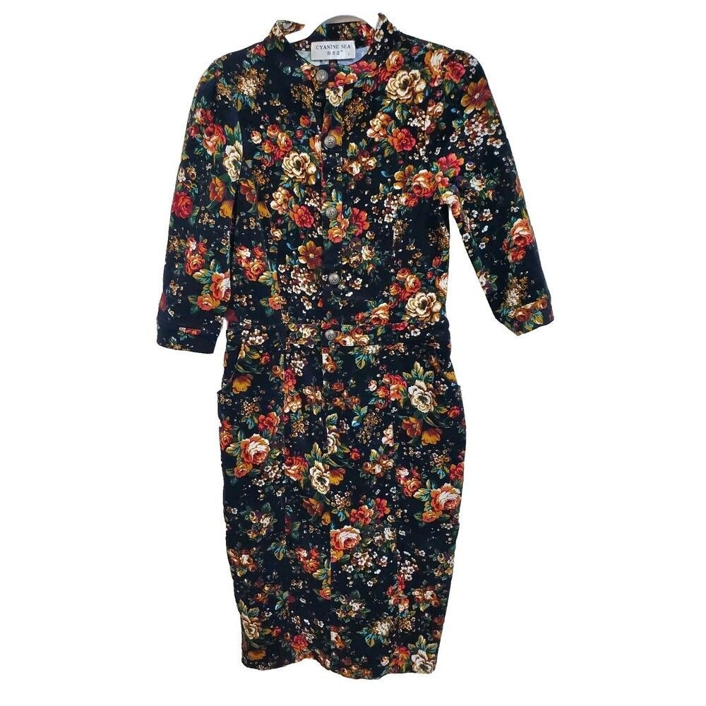 Cyanine Sea Vintage Floral Mock Neck Dress Navy Blue Autumn Garden Print Size L